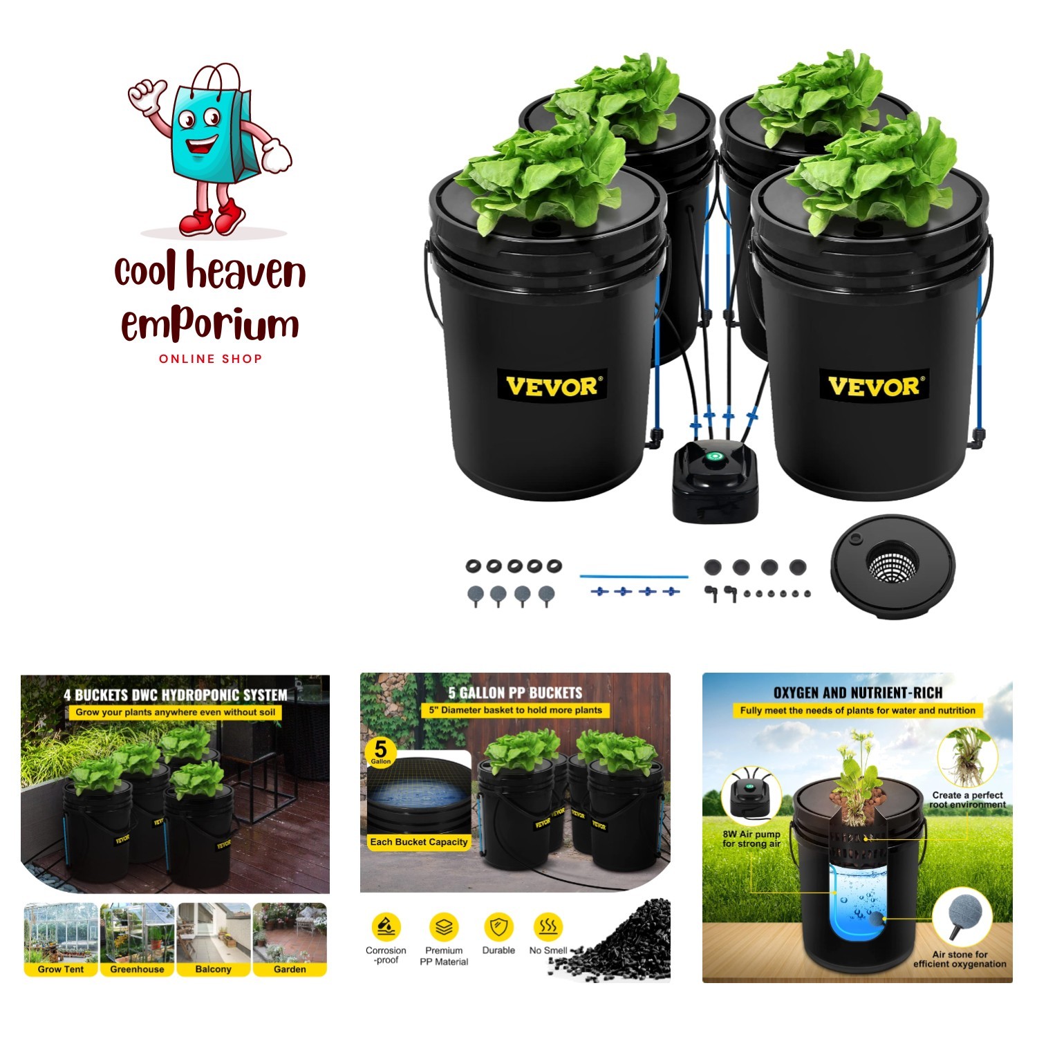 DWC Hydroponic System 5 Gallon 4 Buckets Deep Water Culture Growing