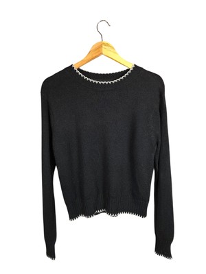 Aspen schwarze Merinowollmischung Strick Paspel Gr. S minimalistisch Boho Stichdetail 