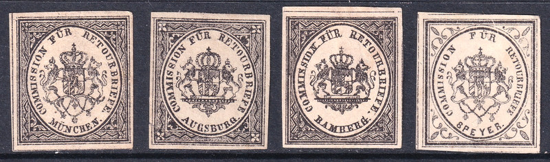 Germany -Bavaria 1865 four fine unused Returned Letter stamps from various towns
