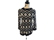 Belldini Black Ivory Small Sweater Geometric Print Top Retro Tunic Blouse