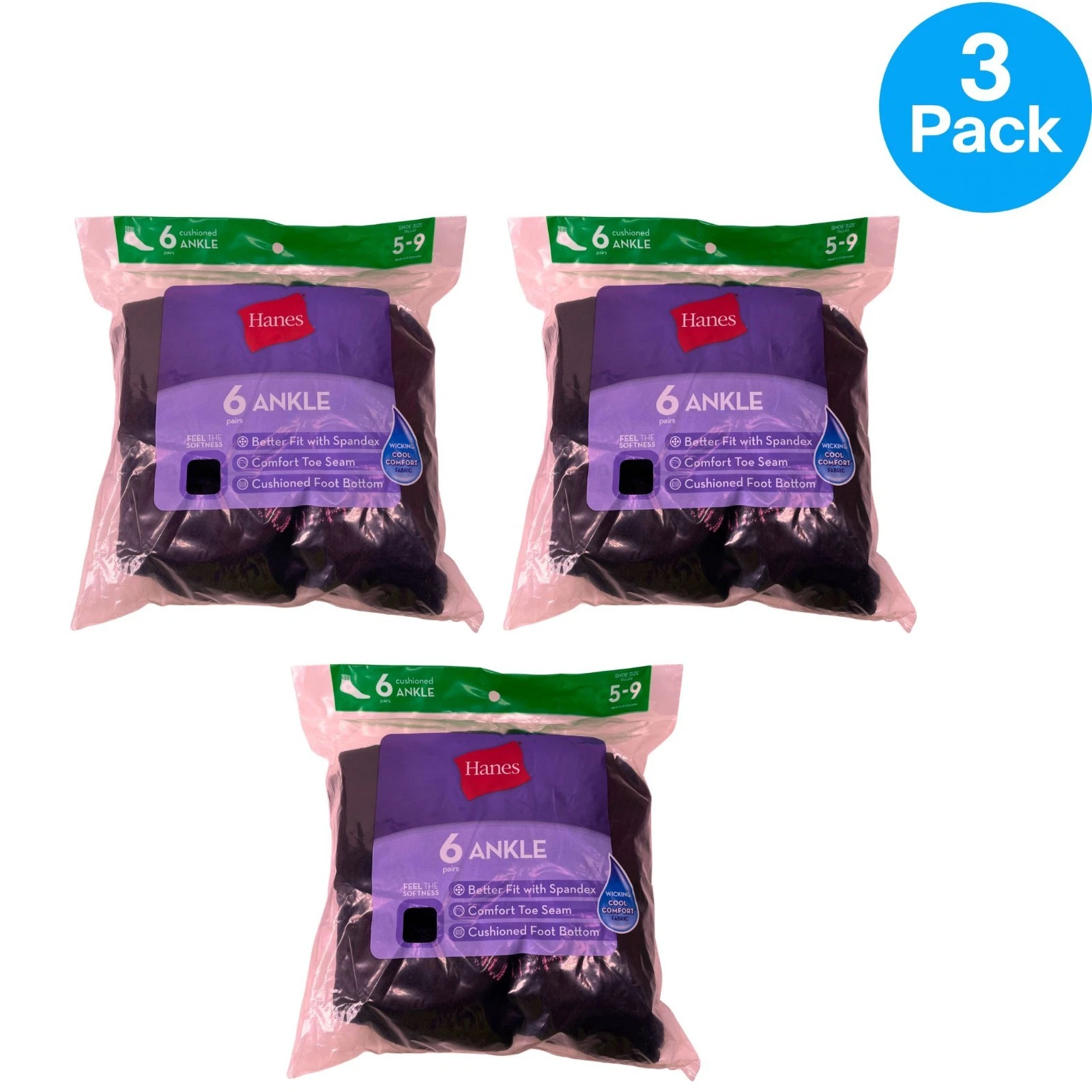 Hanes Women's Ankle Socks Cushioned Foot Bottom Shoe Size 5-9 (3 Pack)
Opens in a new window or tab