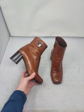 Prada Cognac Brown EU 36.5 US 6.5 Triangle Logo Square Toe Block Heel Ankle Boot