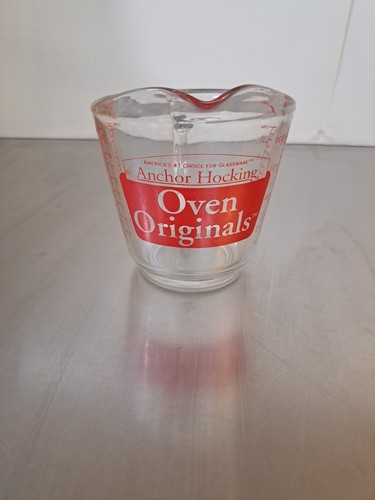 VINTAGE ANKER HOCKING ROT OFEN ORIGINALE 2 TASSEN MESSBECHER GESCHLOSSENER GRIFF