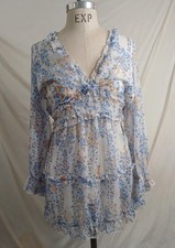 Cottagecore Floral Ruffle Mini Dress Boho Long Sleeve Deep V-Neck Backless Sz S