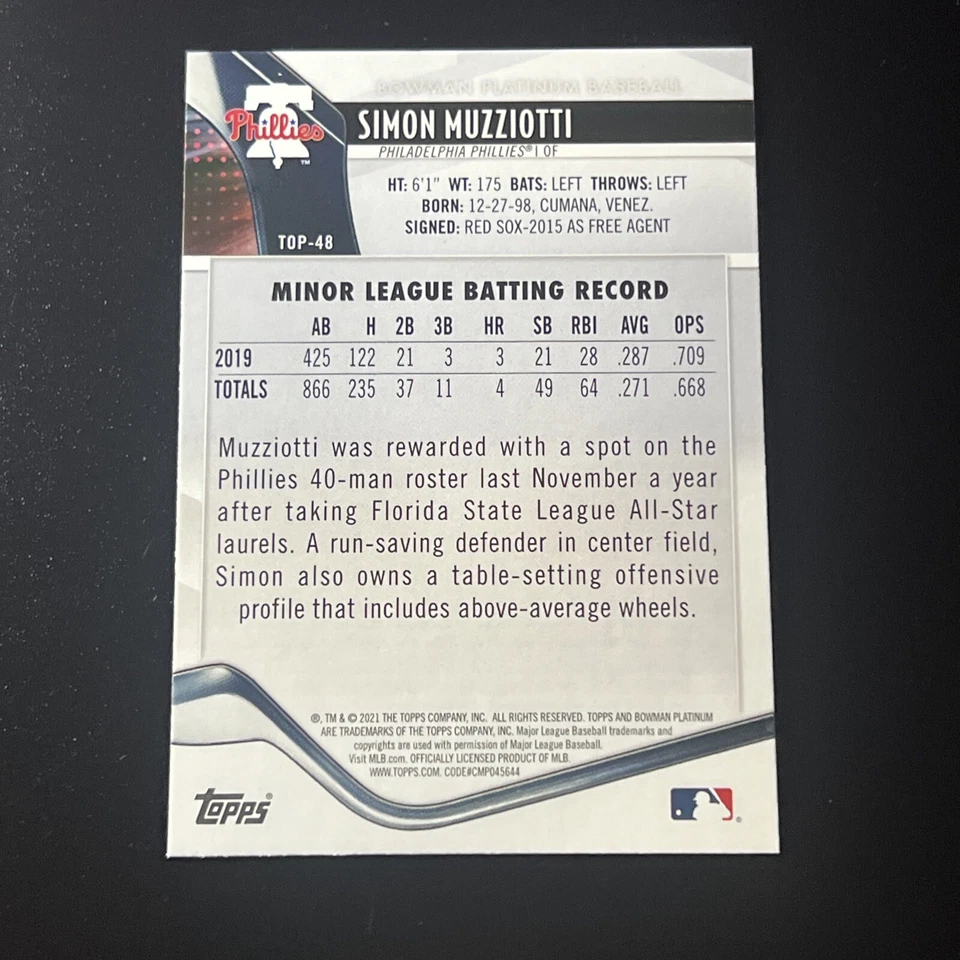 2021 Bowman Platinum Top Prospects Ice Foil #TOP48 Simon Muzziotti - Image 2 of 2