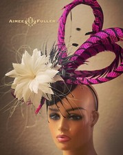 Feathered Cream Ivory Black Hot Pink Fuchsia Royal Ascot Fascinator KY Derby Hat