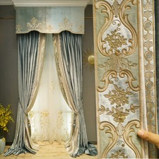 Custom luxury velvet embroidery blue green cloth curtain valance drape C1765