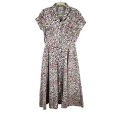 J Peterman Short Sleeve 1947 Shirt Dress Women 8 White Floral Midi 100% Cotton