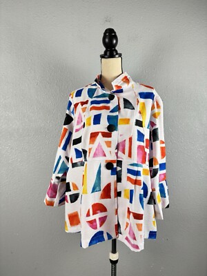 Ali Miles Top Women s Size 2X Multicolor Print Button Bell Sleeve Artsy  NWT