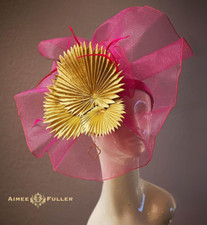 Aimee Fuller Kentucky Derby Fascinator Hat Fuchsia Hot Pink Gold Palm Leaf Hat