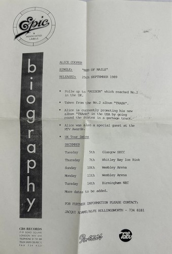 Alice Cooper- Bed Of Nails 7" 45 RPM Single UK Promo Sheet Black: 1989 - Picture 4 of 4