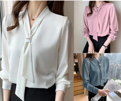 Long Sleeve White Blouse Bow V-neck Chiffon Blouse Shirt Women Tops clothes