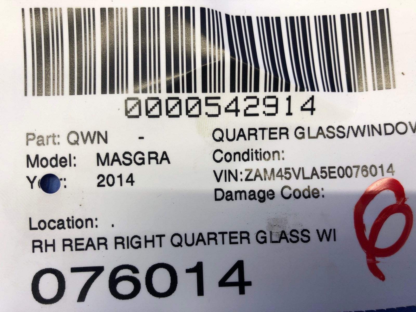 2007-2019 MASERATI GRANTURISMO OEM REAR RIGHT QUARTER GLASS WINDOW TRIM