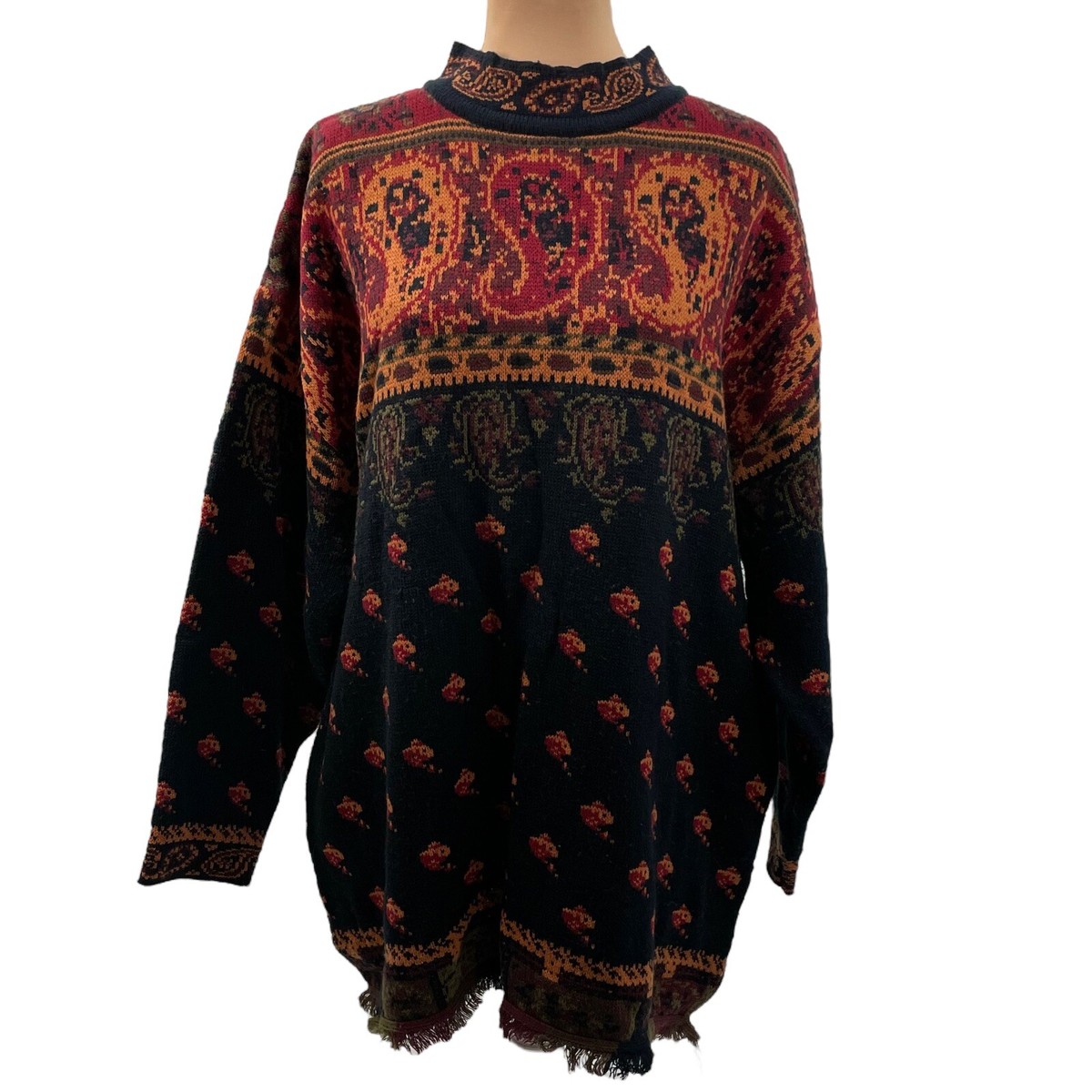 80s JK America Sweater Fringe Hem Mock Neck Black Gold Red 22/24