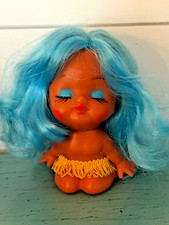 Vintage Hawaiian Island Hula Girl Doll Girl Tiki Blue Hair Eyes Kistch Ornament