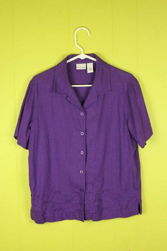 Kim Rogers Women M Linen Blend 2 Pcs Set Short Sleeve Top, Crop Pants Purple EUC - Image 3 of 4
