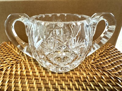 Cut Glass Sugar Bowl Double Handle Cross Hatch Brilliant Cut Notched Rim  6 