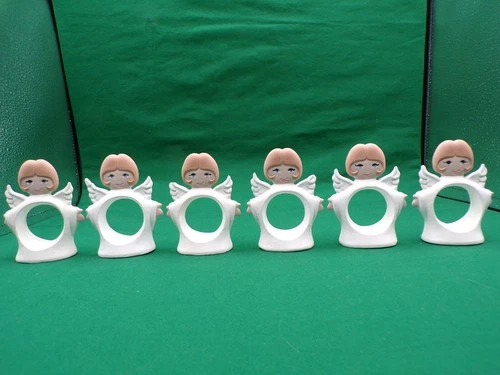 6 Vintage Christmas Angel Ceramic Napkin Rings Hand Painted Angel 3-1/4" K25