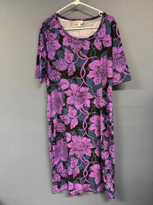 LuLaRoe 2XL Floral Purple Black Blue Short Sleeve Midi Dress