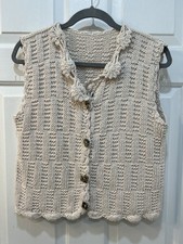 Vintage Ivory Crochet Vest Handmade Size M Hippy Bohemian Grandma Core Knit Gift