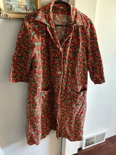 Vintage Floral Corduroy Housecoat Button Up One Size