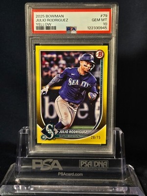 2025 BOWMAN YELLOW JULIO RODRIGUEZ #79 28 /75 PSA 10 GEM MINT 10 POP 1 !!!