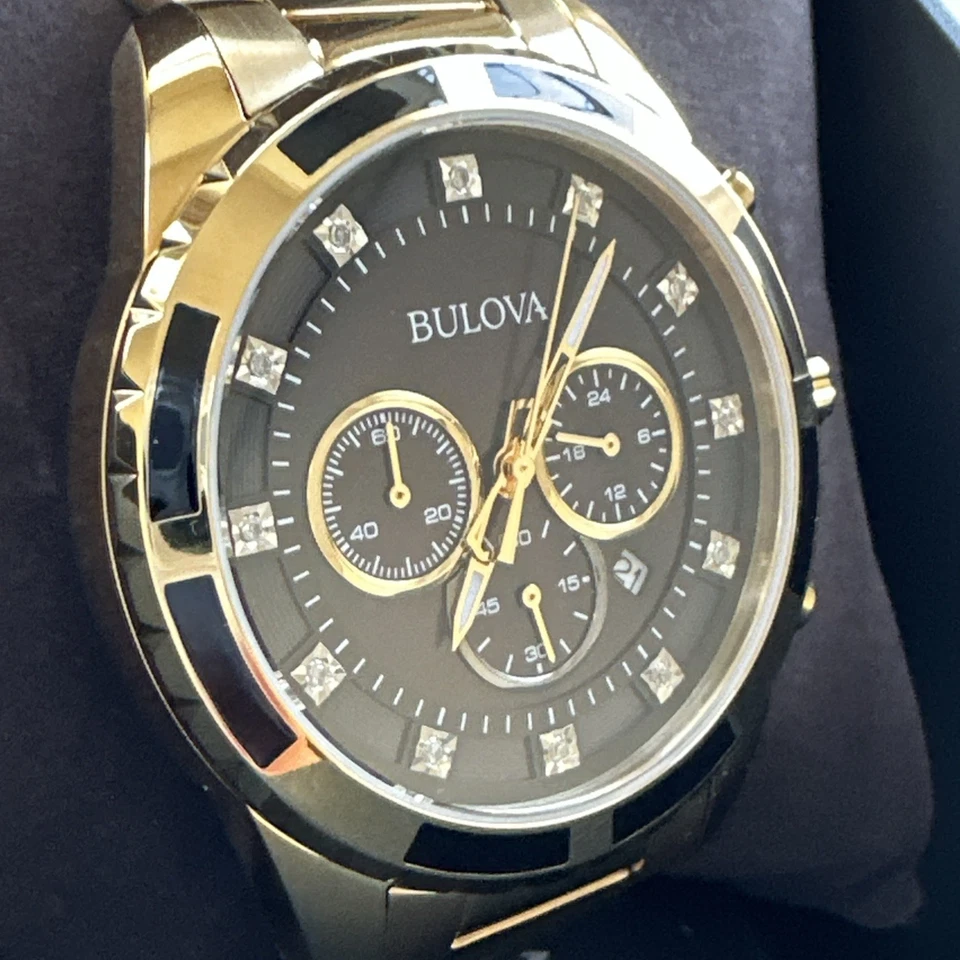 Bulova Diamante Hombre Chapado en Oro Acero Inoxidable Cronógrafo Reloj Cuarzo 97D121 Foto 4 de 4