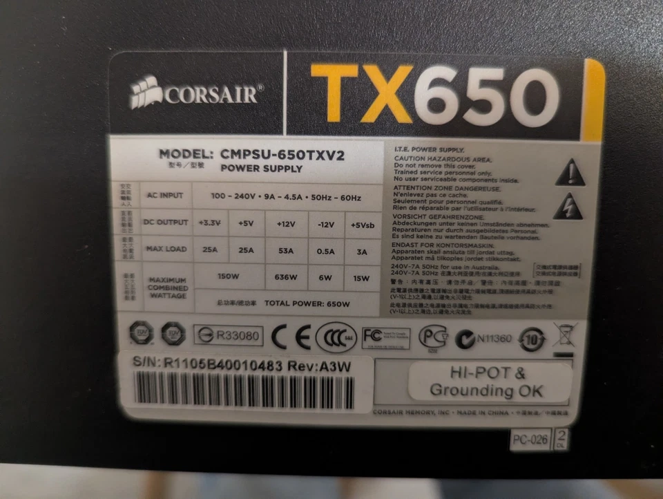 Alimentation PC Corsair TX650 75-001315 650W ATX Power Supply SATA Molex PCI-E - Photo 2/2