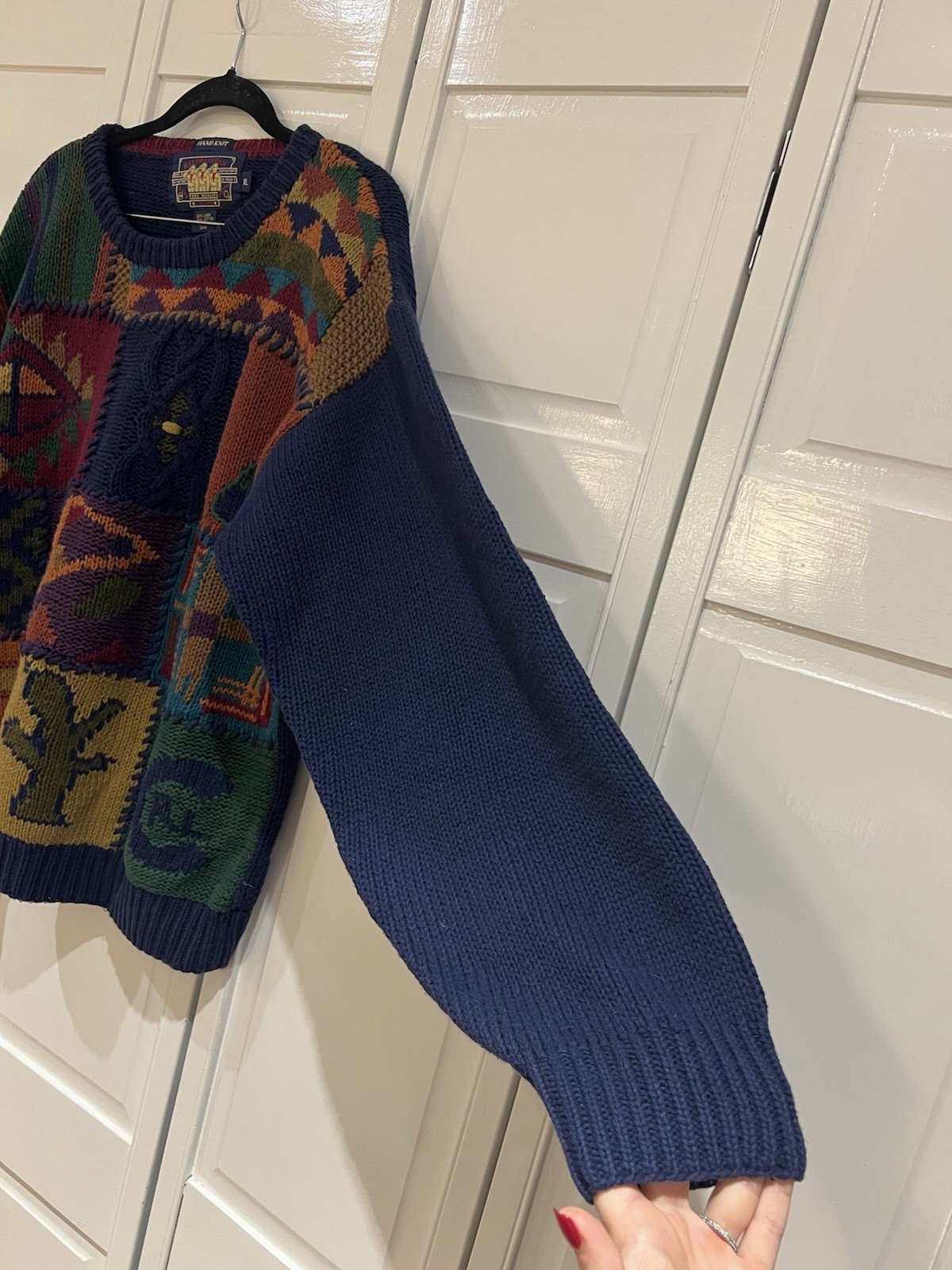 VINTAGE Chaps Ralph Lauren CRL Patchwork Tribal Aztec Cactus Hand Knit Sweater image 6