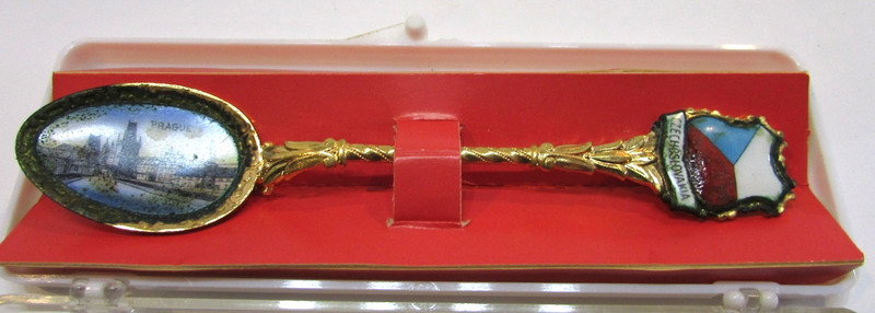 New Vintage Czechoslovakia Gold Plated Color Enameled 5" Souvenir Spoon in Box
