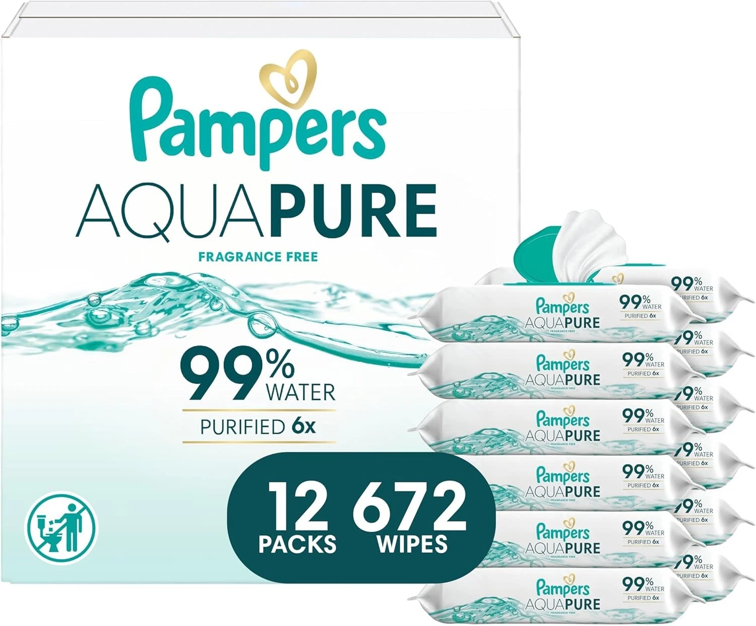 Aqua Pure Baby Wipes 99% Water Fragrance Free 672 Baby Wipes Total 12X Flip-Top
