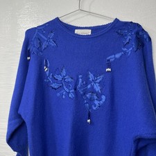 Vintage 80  s Laura Winston Angora blend blue Pearl beaded Embellished sweaterM/L