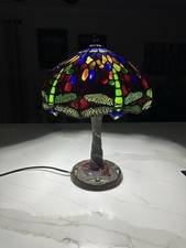 VTG Tiffany Style Stained And Slag Glass Table Lamp Bronze Base 18 13 Shade