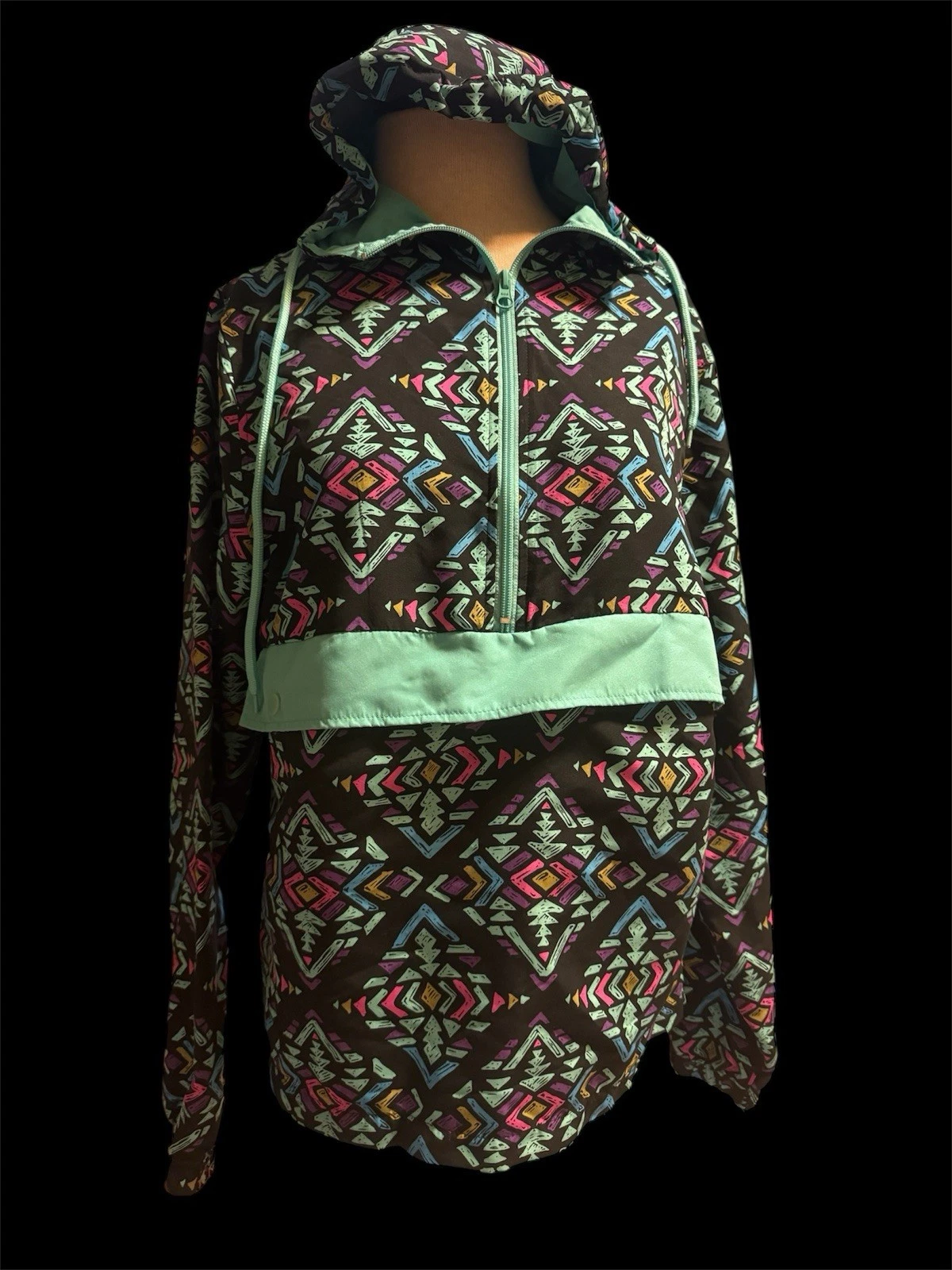 Super Massive Med Geo Aztec Hooded Lightweight Windbreaker Half Zip Retro 90s