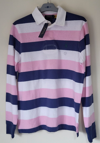 Polo Ralph Lauren Rugby Shirt Long Sleeve Pink Stripe Small Slim Fit Designer