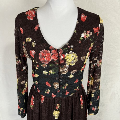 Robe midi neuve Suzanne Betro dentelle florale taille M marron boho terreux neutre col V - Photo 3/18