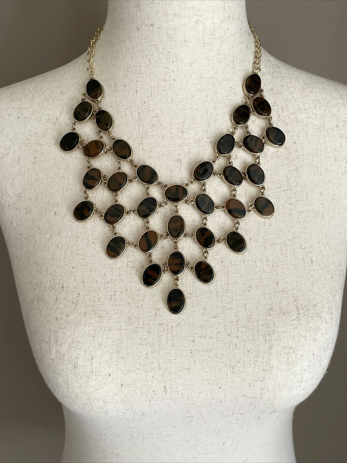 Statement Necklace Tortoise Shell Beaded Gold Ton… - image 1