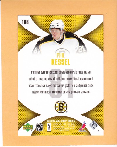 PHIL KESSEL 2006-07 UPPER DECK MINI JERSEY ROOKIE #103 BOSTON BRUINS NM-MT - Picture 2 of 2