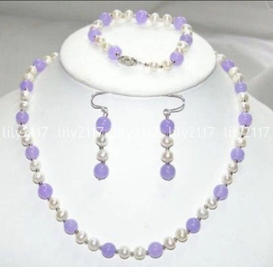 Conjunto de brincos pulseira colar jade roxo pérola água doce branca 7-8mm 8mm - Imagem 2 de 3