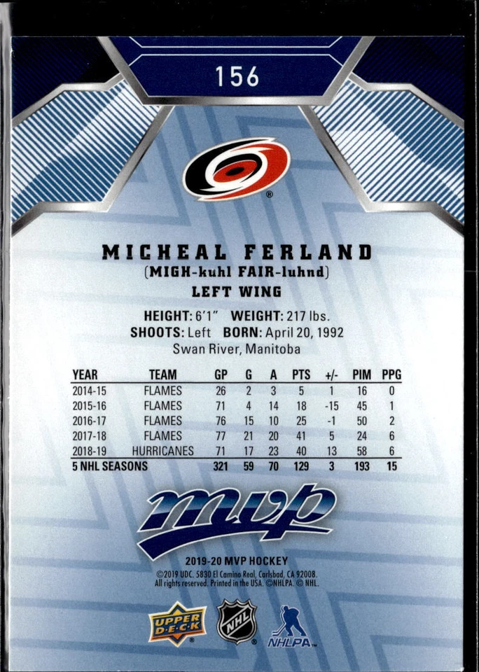 2019-20 Upper Deck MVP #156 Micheal Ferland Blue - Image 2 of 2