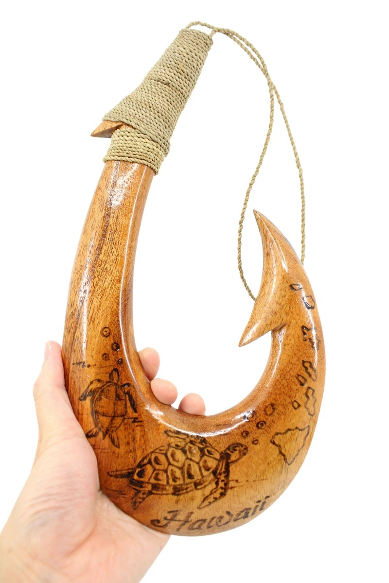 Hawaiian Fish Hook Hand Carved Wood Hanging Decoration - Burned Art,  Turtles