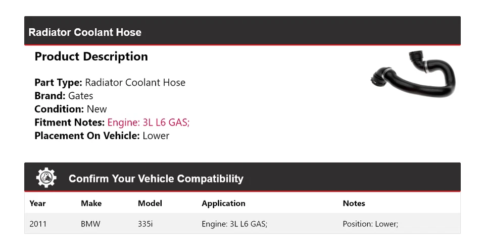 Manguera de refrigerante de radiador de gas para BMW 335i 2011 3L L6 puertas inferiores Foto 2 de 3
