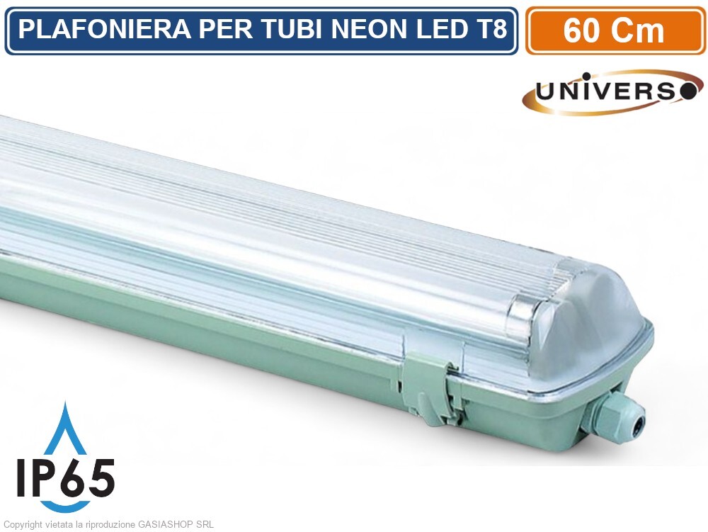 UNIVERSO T8-60S PLAFONIERA PORTA TUBI LED IP65 PER 2 T8 DA 60CM