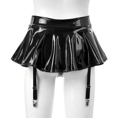 Womens PVC Leather Mini Skirt High Waist Skirt with Garter Belt for Stockings - Picture 23 of 44