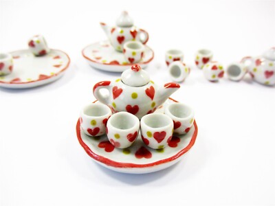 Dollhouse Miniature Ceramic Red Heart Paint Tea Cup Tea Pot Kitchenware 13243