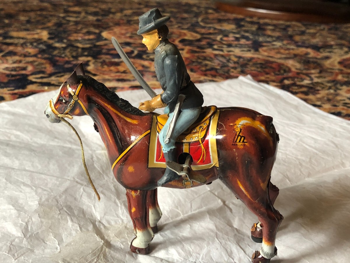 本日特価【ミクニ製作所和製アンティークMikuni registerジャンク品】 Rare Vintage Wind Up Mikuni Union Soldier Riding Horse Tin Toy