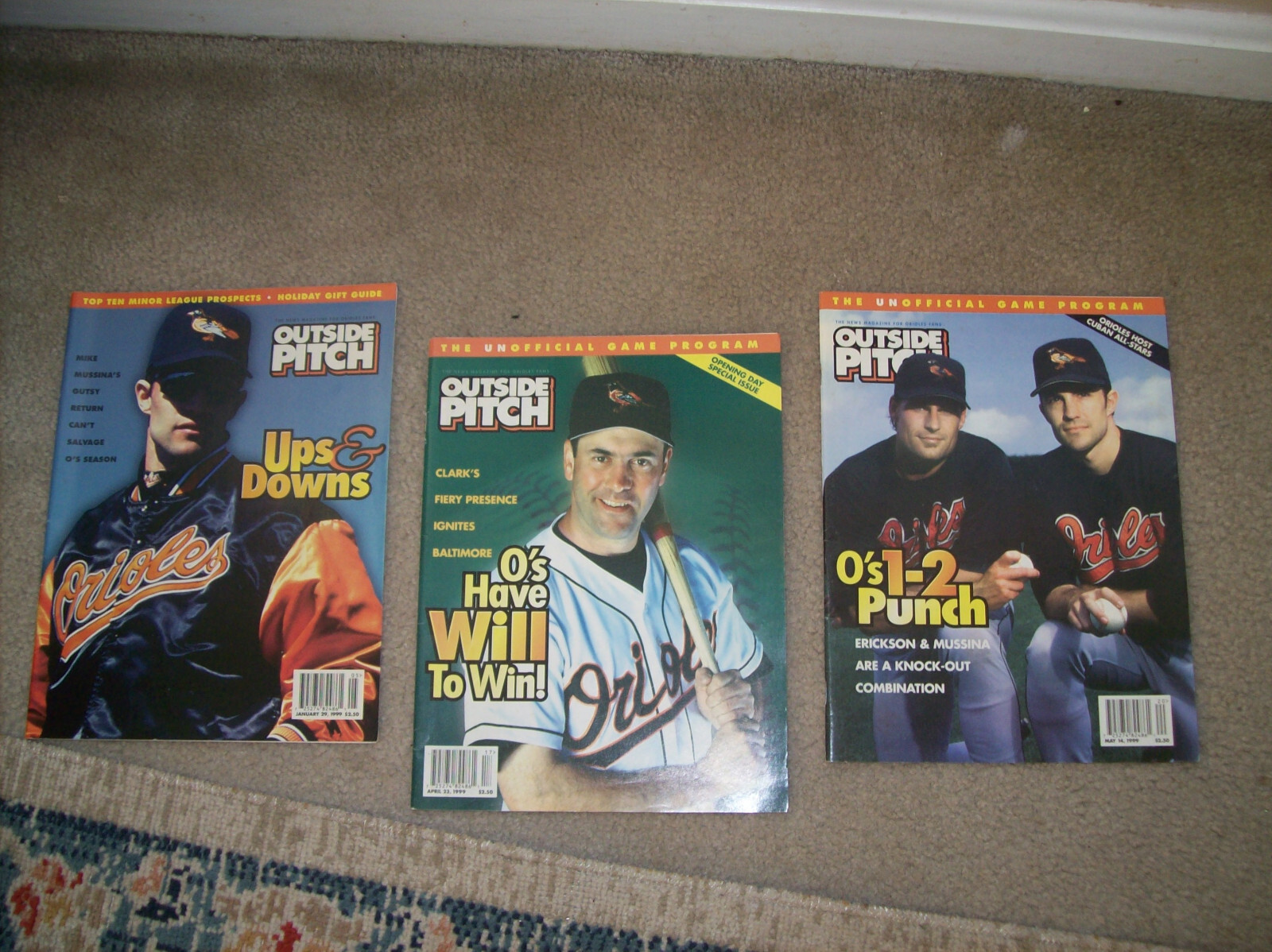 3 BALTIMORE ORIOLES "OUTSIDE PITCH" 1999 CAL RIPKEN  Mike Mussina WILL CLARK MLB