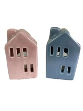 Ceramic Tea Light Houses Blue & Pink Candle Holders Shiny Home Decor Set of 2