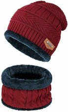 Warm Winter Beanie Hat  Scarf Set Stylish Knit Skull Cap for Men Women Red