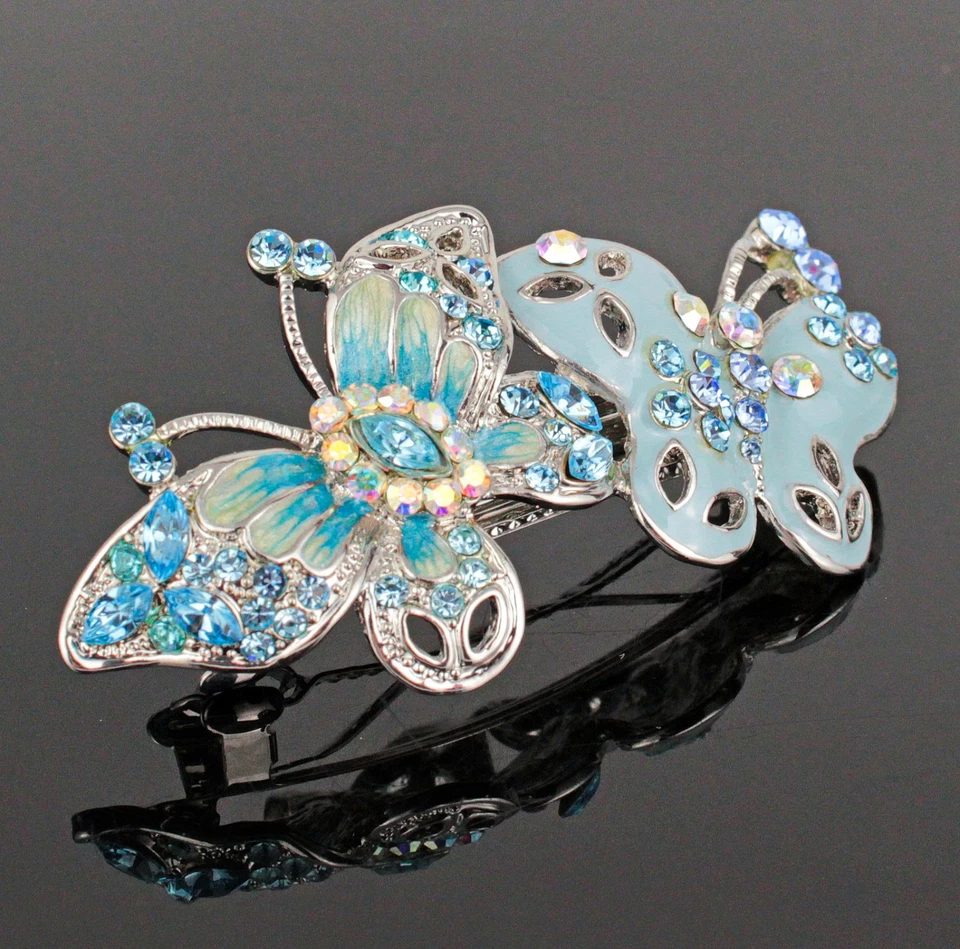 Clip de pasador de pelo con estrás cistal austriaco azul esmalte mariposas dobles B118 Foto 2 de 4